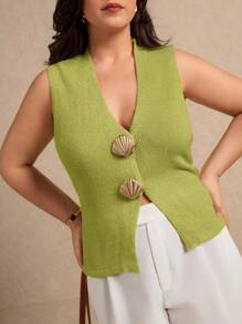 Elaquor Plus Size Women Metal Shell Decor V-Neck Knitted Sweater Vest In Fall/Winter - Green - View 5