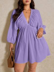 Elaquor Plus Size Women Cotton V-Neck 3/4 Sleeve Short Dress Spring To Summer Fall - Lilac Purple - View 5