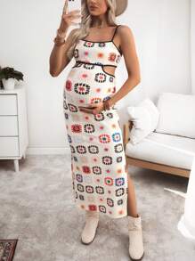 SHEIN 孕妇花卉印花镂空无袖连衣裙 - 彩色 - 查看 1