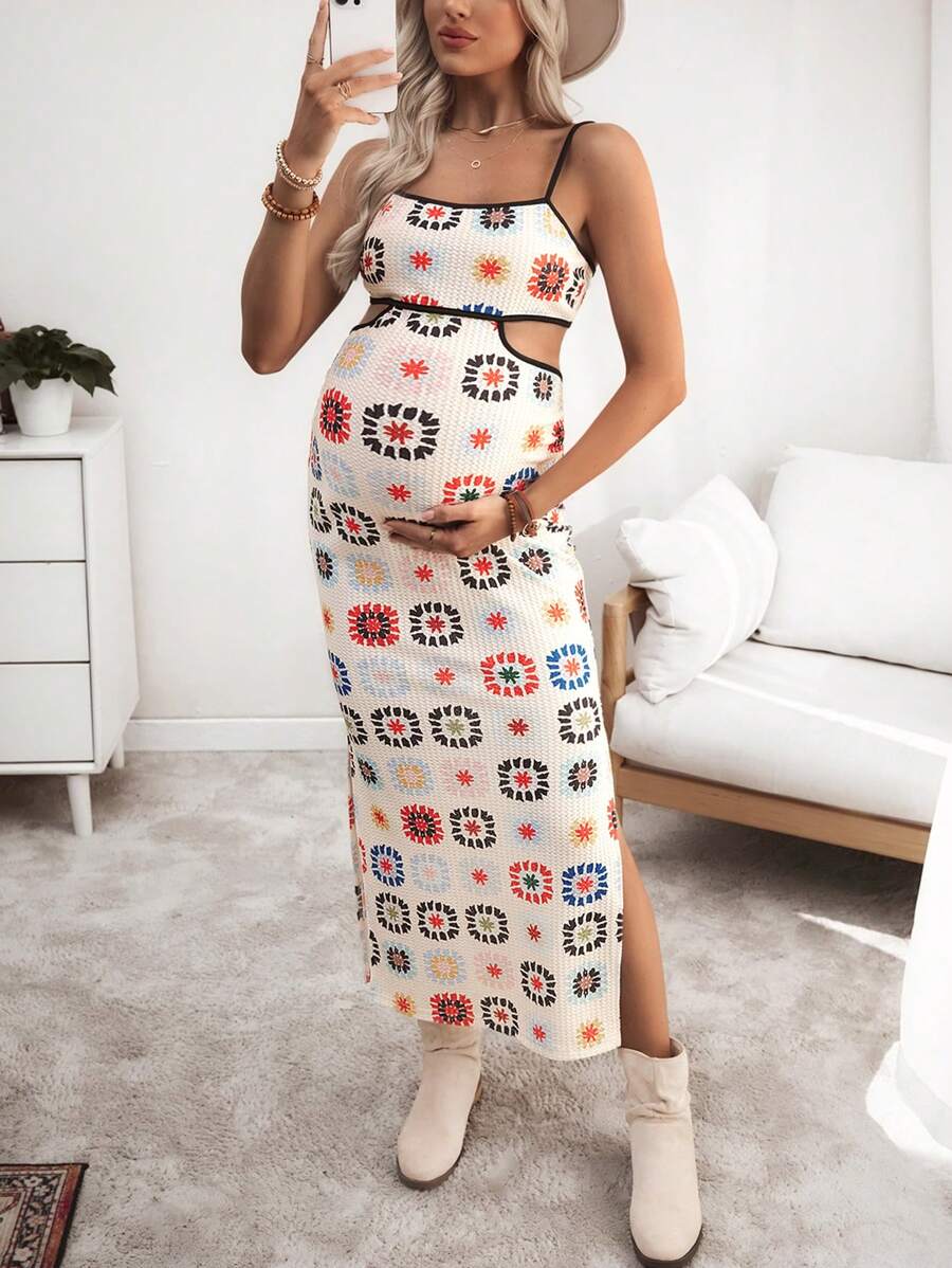 SHEIN 孕妇花卉印花镂空无袖连衣裙 - 彩色 - 查看 1