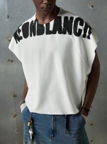 NEON BLANC Men's Street Style White Knitted Graphic Letter Print Round Neck Knitted Top, Suitable For Summer - White - View 2