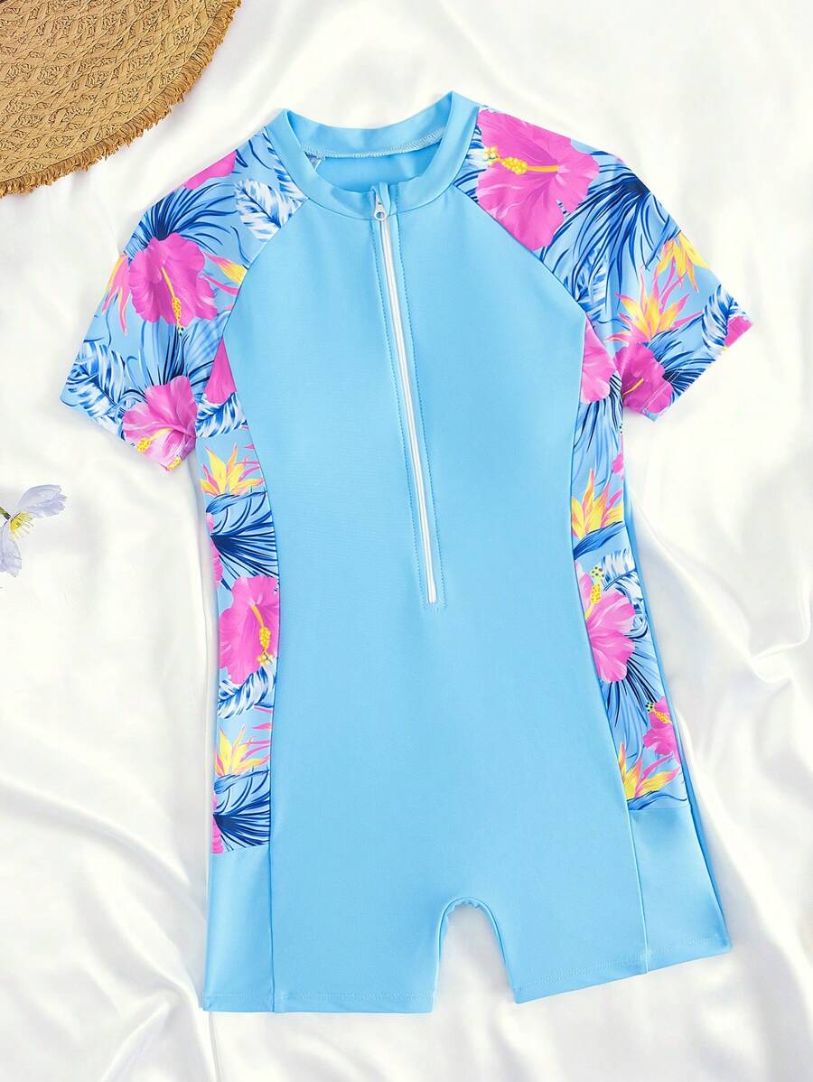 SHEIN Blue Tween Girls One-Piece Knit Color Block Zipper Rash Guard Swimsuit,Short Sleeve Kids Swim Romper Suitable For Summer,Casual,Beach,Vacation,Holiday - Multicolor - View 1