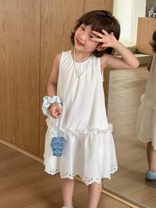 SHEIN Young Girls' Korean Style Princess Embroidered Sleeveless Dress - White - View 4