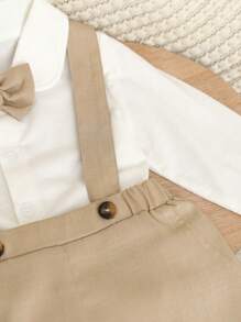 SHEIN 2pcs Toddler Boys' Cute Formal Gentleman Style Outfit Set, Including White Long Sleeve Collar Shirt With Bowknot And Casual Suspender Pants, Fashionable Elegant Handsome, Suitable For Birthday Party, Evening Party, Performance, Wedding, Full Moon, Baptism And Celebration, Spring/Autumn Fall Winter