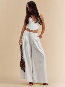 SHEIN BAE Women's White Solid Color Twill Pleated Pocket Simple Low Waist Trousers, Suitable For Commuting, Leisure, Fashion Going Out, Retro Style, Office Wear, Autumn Women's Pants, Wide Leg Pants, Casual Pants, Loose Wide Leg Pants,Fall Clothes ,Back To School,Old Money Style Women,Stockholm Style,Business Casual Woman