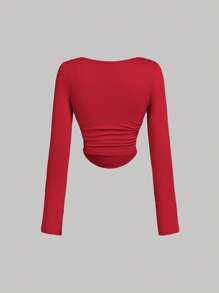 SHEIN MOD 3 件女式褶皱休闲方领长袖 T 恤套装，保暖服装，秋季女装，外出上衣，假日女装，新年，红色上衣 - 紅色 - 查看 6