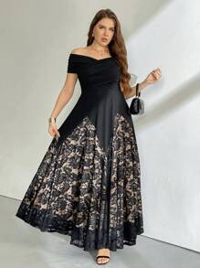 SHEIN Clasi Váy trễ vai ren thanh lịch cỡ lớn, Đầm dài trang trọng cỡ lớn cho nữ - màu đen - Xem 6