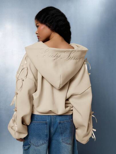 SUMWON WOMEN Sudadera corta con capucha con mangas con lazo, con cremallera frontal, para usar en invierno, otoño y casual en el hogar