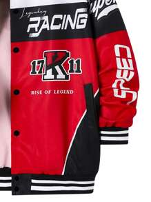 SHEIN Chaqueta informal de béisbol para adolescente con bloques de color, logotipo y estampado en inglés, manga larga con puño acanalado y tejido plano para abrigo, estilo urbano