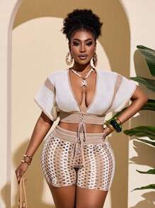 Slaydiva 2-Piece Plus Size Crochet Set: Plunging V-Neck Tie Cropped Top And Form-Fitting Crochet Shorts, Colorblock Striped, For Spring/Summer Vacation - Multicolor - View 1