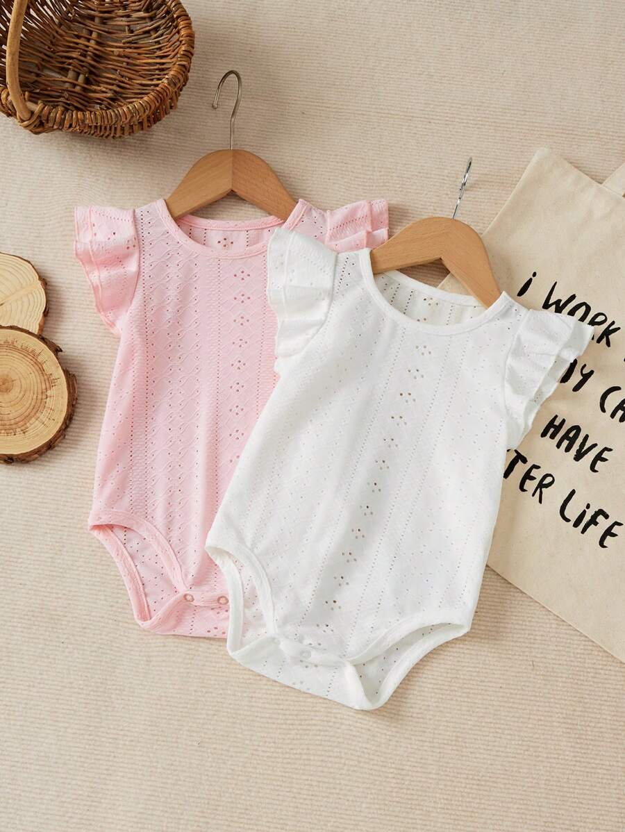 Newborn Baby Girl Summer Simple Cute Solid Color Elastic Knitted Snap Crotch Bodysuit 2pcs Set - Multicolor - View 1