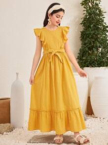 SHEIN Tween Girl Casual Holiday Ruffle Cap Sleeve Round Neck Splice Dress, Woven Fabric, Long Style - Yellow - View 7