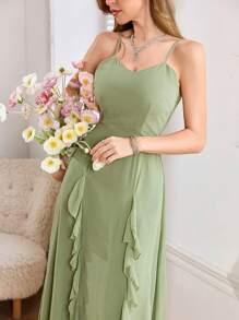 Modelyn French Elegant V-Neck Ruffle Hem Women's Dress - Green - View 4