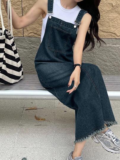 DAZY 女式夏季休闲口袋肩带牛仔连身裤连衣裙