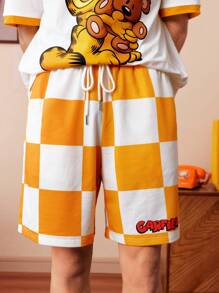 GARFIELD | SHEIN 男士休闲可爱卡通印花撞色宽松短袖T恤和棋盘格短裤套装，夏季 - 白色 - 查看 5