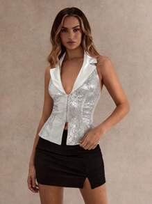 Glamine Women's Fashionable Sexy Sequin Backless Halter Vest Waistcoat, Summer - White - View 7
