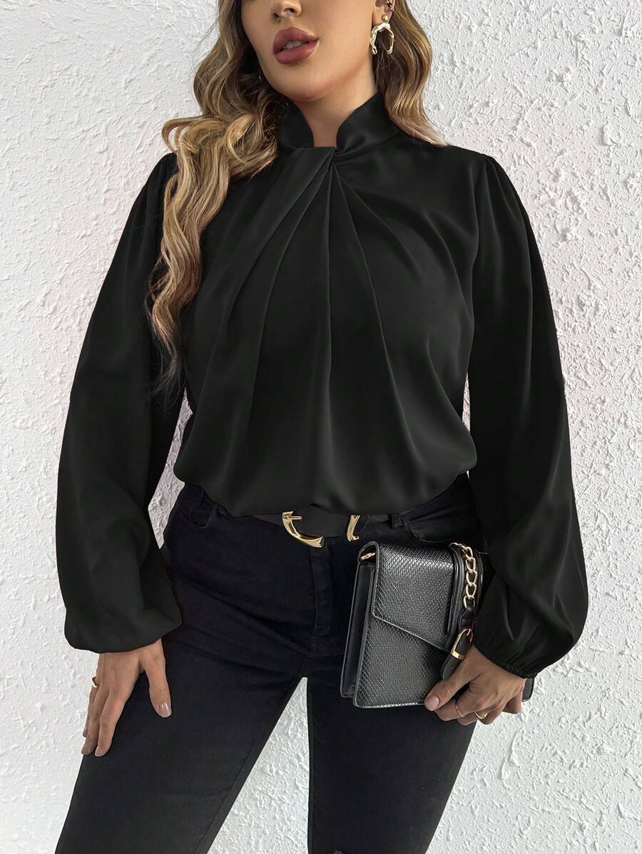 SHEIN Privé Plus Twist Front Lantern Sleeve Blouse Spring To Summer - Black - View 1