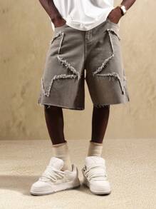 SUMWON Distressed Denim Jorts Frayed Edge Cut Off Knee Length Casual Shorts Festival Beach Summer - Grey - View 4