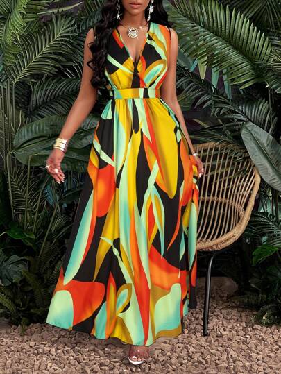 Zolique Tropical Print V-Neck Waist Section Cable Knit Fit And Flare Dress Maxi Women Outfit