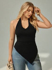 SHEIN Essnce Plus Solid Ruched Halter Top - Black - View 4