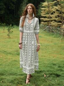 Florisole Women's Casual Elegant Lace Patchwork Faux Linen Floral Print Dress - Multicolor - View 1