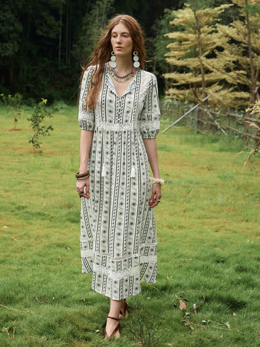 Florisole Women's Casual Elegant Lace Patchwork Faux Linen Floral Print Dress - Multicolor - View 1