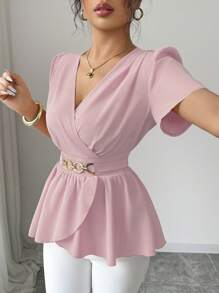 Elenzga 全新女士 V 领梭织面料荷叶边袖腰部装饰纽扣交叉下摆荷叶边设计优雅日常休闲修身衬衫 - 粉色 - 查看 5