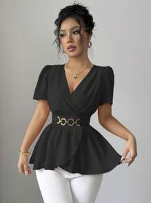 Elenzga Nueva blusa de mujer de tejido tejido con cuello en V, con manga con volantes, decoración de botón en la cintura, diseño de volantes en el bajo cruzado, blusa elegante y versátil de corte ajustado - Negro - Ver 6