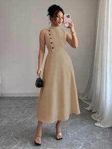 Elenzga Elegant Holiday Casual Sleeveless Dress With Decorative Button, Spring/Summer