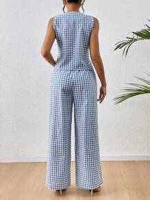 Chiquease Women's Casual Resort Style Square Neck Single Breasted Sleeveless Jacket And Wide Leg Pants Set - Blue and White - View 2