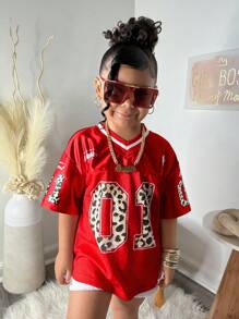 女童红色豹纹字母图案V领宽松T恤，运动休闲街头风足球衫，豹纹衬衫，红色女童款 - 紅色 - 查看 4