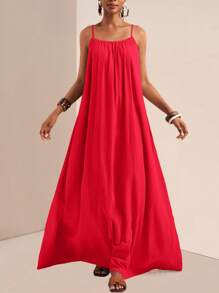 Zivah 2025 年夏季新品 - 音乐节、复活节、圣帕特里克节、西部风格、游牧风格、生日派对、毕业季、学生装、日常休闲、百搭百搭、休闲、邮轮旅行、海滩、日光浴、病毒式传播、细肩带、可调节扣、垂直纹理、宽松版型、卡其色女装 - 紅色 - 查看 2