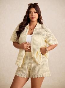 Elaquor 大码女式纯色镂空短袖单排扣针织上衣和针织短裤套装