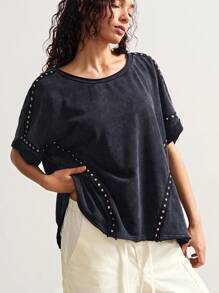 Bohemela T-shirt ample en tricot à col rond délavé, style décontracté de campagne bohème avec rivets pour femmes