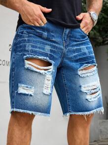 Manfinity LEGND 男士破洞下摆口袋宽松休闲牛仔短裤 - 藍色 - 查看 5