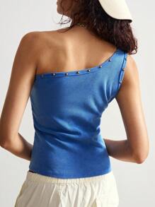 Bohemela 1pc Women Solid Color Knitted Asymmetrical Neck Blue Top - Blue - View 2