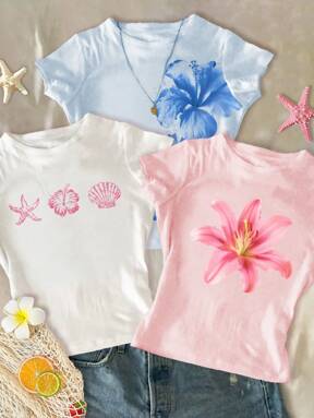 SHEIN Chill Vacation Tropical Flowers, Hibiscus, Frangipani, Starfish, Seashell Coastal Pattern Slim Fit Tween Girls 3pcs/Set Crew Neck Short Sleeve T-Shirts, Comfortable Casual, White, Light Pink, Light Blue, Summer