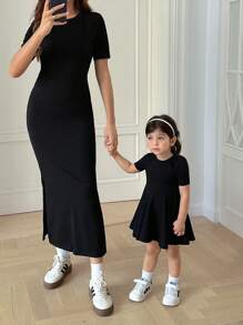 SHEIN Babygirl Cute & Elegant Black Short Sleeve Knit Dress, Summer - Black - View 5