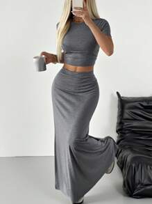 SHEIN EZwear Stockholm Style Airport Outfit For Women Relaxation And Leisure Simple Suit Grey Knitted Women's Bodycon Office Wear Suit Woman Summer Clothes Two Pieces Set Women Skirt 2 Pieces Long Skirt Set Maxi Skirt Two Pieces Set - Dark Grey - View 7