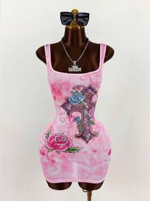 Amplova 女式修身交叉印花圆领无袖迷你连衣裙（夏季） - 粉色 - 查看 4