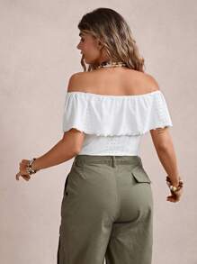 Freevana Plus Off Shoulder Ruffle Trim Eyelet Embroidery Bodysuit - White - View 2