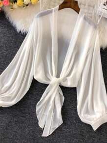 SHEIN Clasi Áo cánh tay dài lưới màu trơn cỡ lớn cho nữ rộng rãi thời trang - Màu be - Xem 3