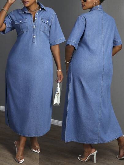 Slaydiva Plus Size Blue Half-Zip Short Sleeve Drop Shoulder Casual Fashion Summer Denim Dress Summer Dresses For Women Wedding Guest Dress Women Summer Outfits For Women Holiday Outfits Graduation Dress Vacation Outfits Woman Festival Outfits Women Graduation Dress For Women Work Clothes Women Country Concert Outfit Teacher Outfits For Women