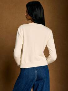 Poéselle White Knitted Top, Long Sleeve Cardigan, Bow Embroidery, Autumn Clothing,Office Attire For Women,1pc Women's Casual Versatile Bowknot Embroidery Cardigan Women Cropped Cardigan Crop Cardigan Women Cream Cardigan,The Fabric Is Soft And Comfortable, Suitable For Daily Wear, Going Out, Home, Dating,Fall Women Clothes , Holidays And Other Occasions - Apricot - View 5