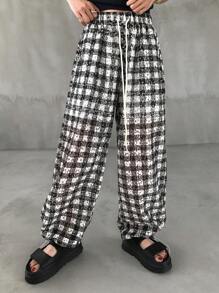FRIFUL Pantalones de pierna ancha con estampado a cuadros en contraste y cordón ajustable en la cintura para mujer