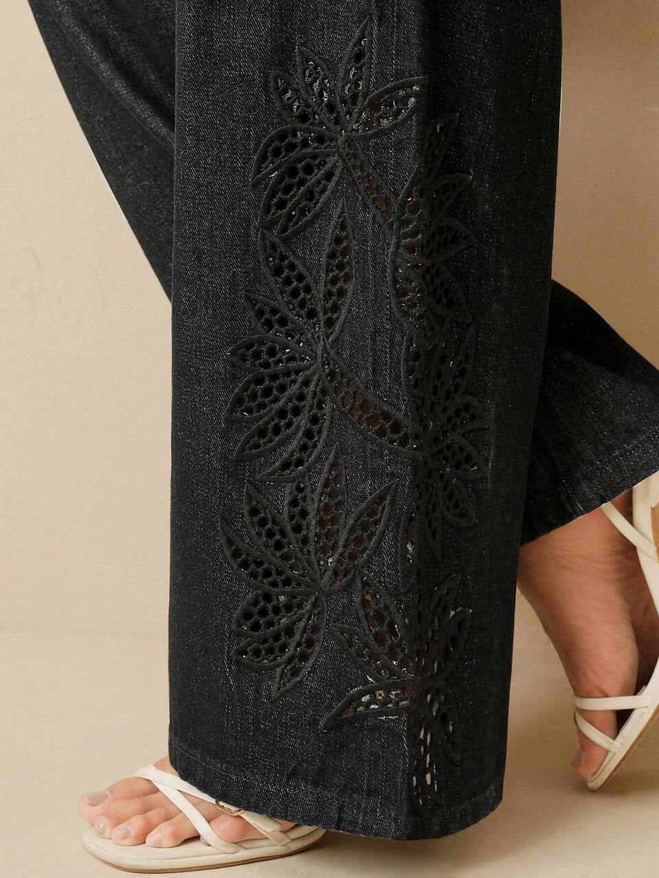 Women's New Delicate Hollow Embroidered Valentine's Day Black Straight Jeans