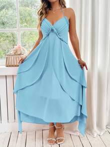SHEIN Clasi Plus Size Women Elegant French Style Ruffle Backless Spaghetti Strap Dress, Pink - Baby Blue - View 6
