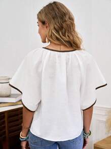 LanaWest Women's Summer Lace Patchwork Round Neck Tie Loose Short Sleeve Blouse, Woven Fabric, Versatile & Elegant Loose Fitting Fashion Shirt - Multicolor - View 2