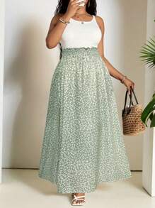 SHEIN PETITE CURVE Váy xòe in hoa cỡ lớn cho kỳ nghỉ hè - màu xanh lá - Xem 3