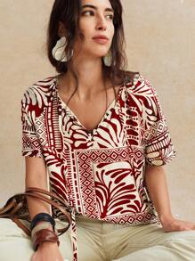 Écloséra 复古法式热带植物印花粘胶亚麻混纺女士系带衬衫